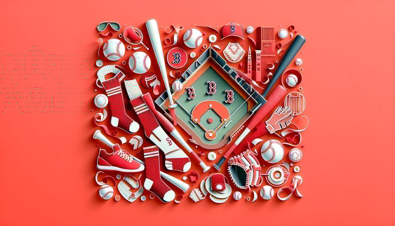 Paper art illustration for Red Sox trivia quiz on a coral background