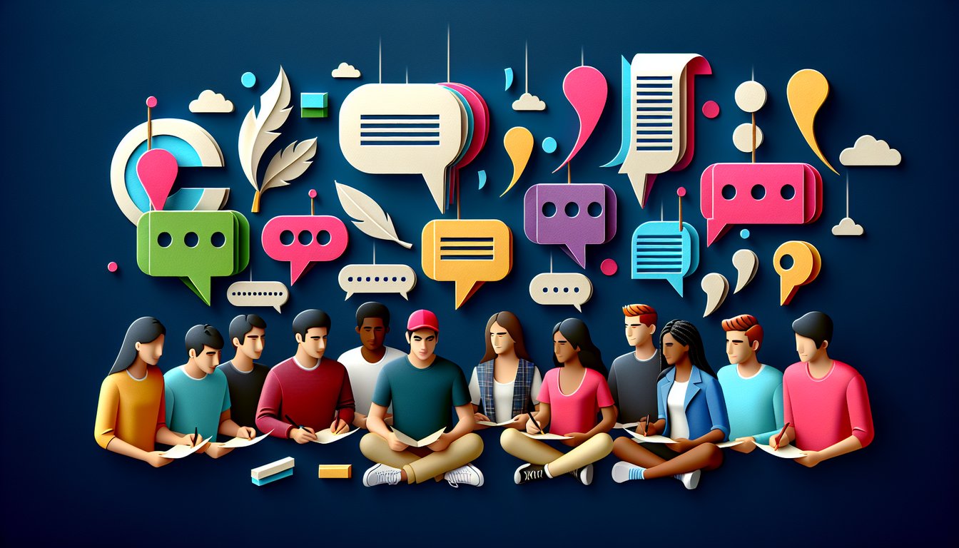Colorful paper art promoting Dialogue Punctuation Challenge quiz for high school students