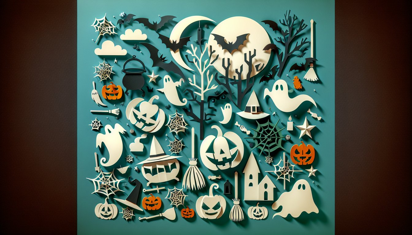Paper cutout style masks pumpkins ghosts and witch hat on teal background for Halloween costume quiz