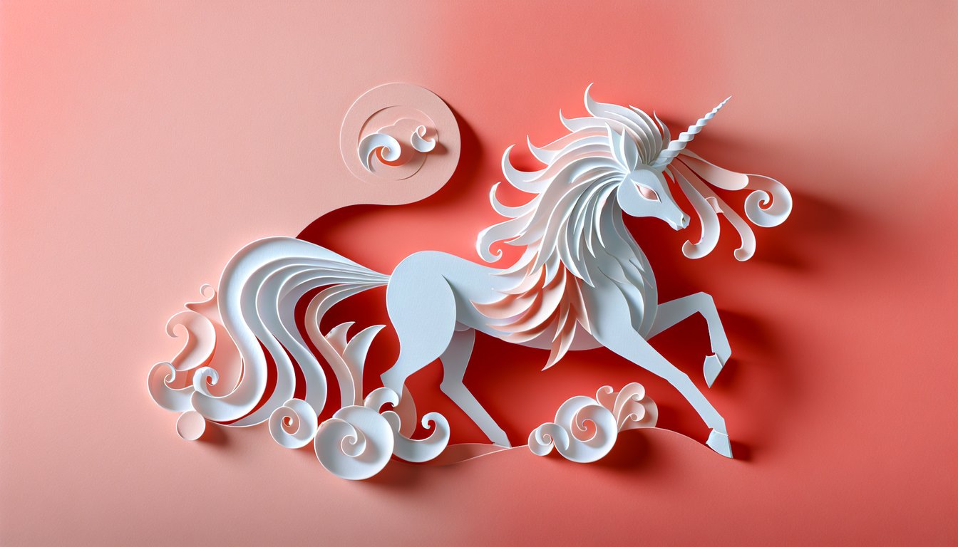 Paper art Kirin unicorn with layered cut shapes colorful mane whiskers golden horns coral background