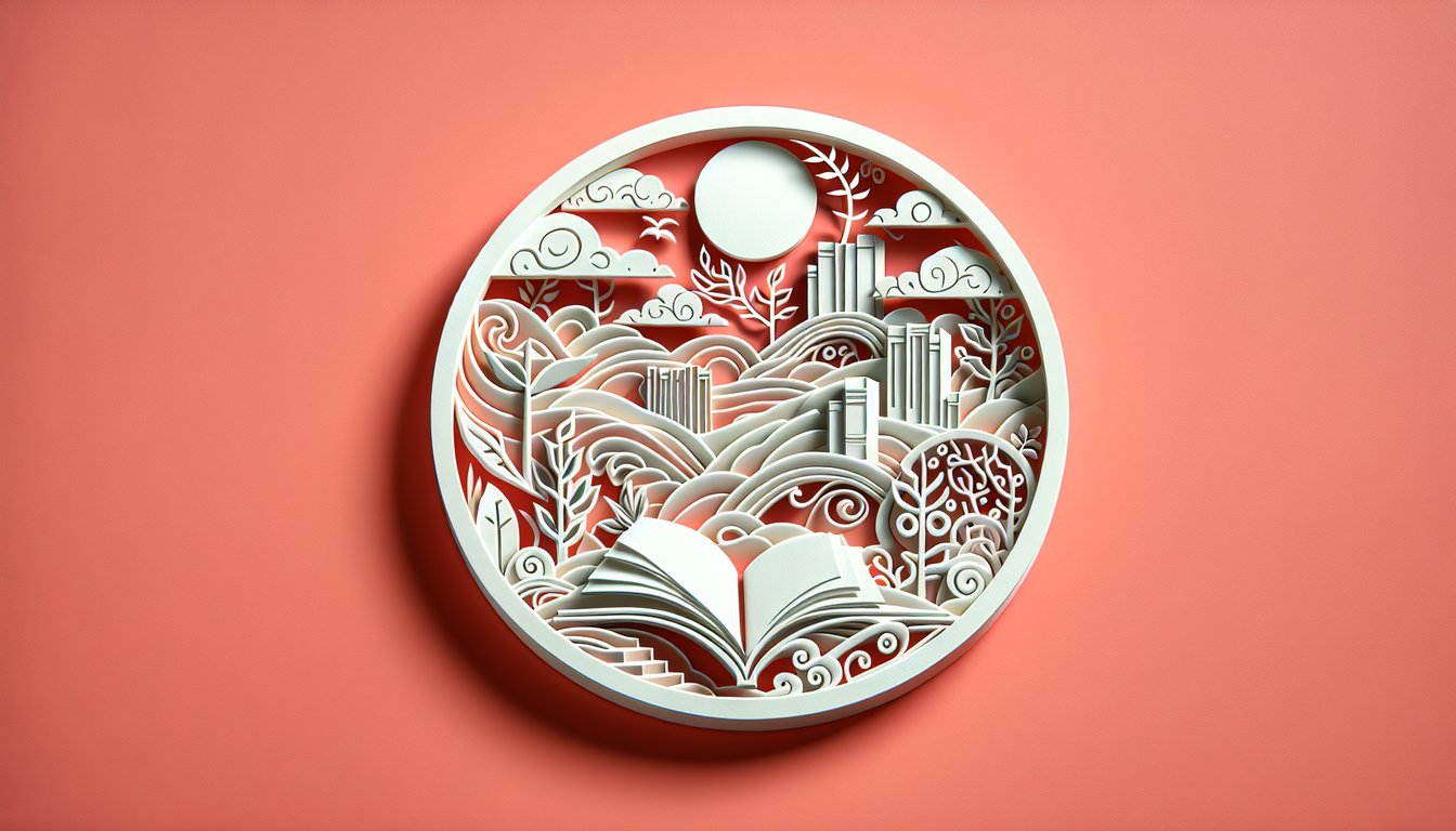 paper art open book pages quill pen letters floating on coral background for literature trivia challenge