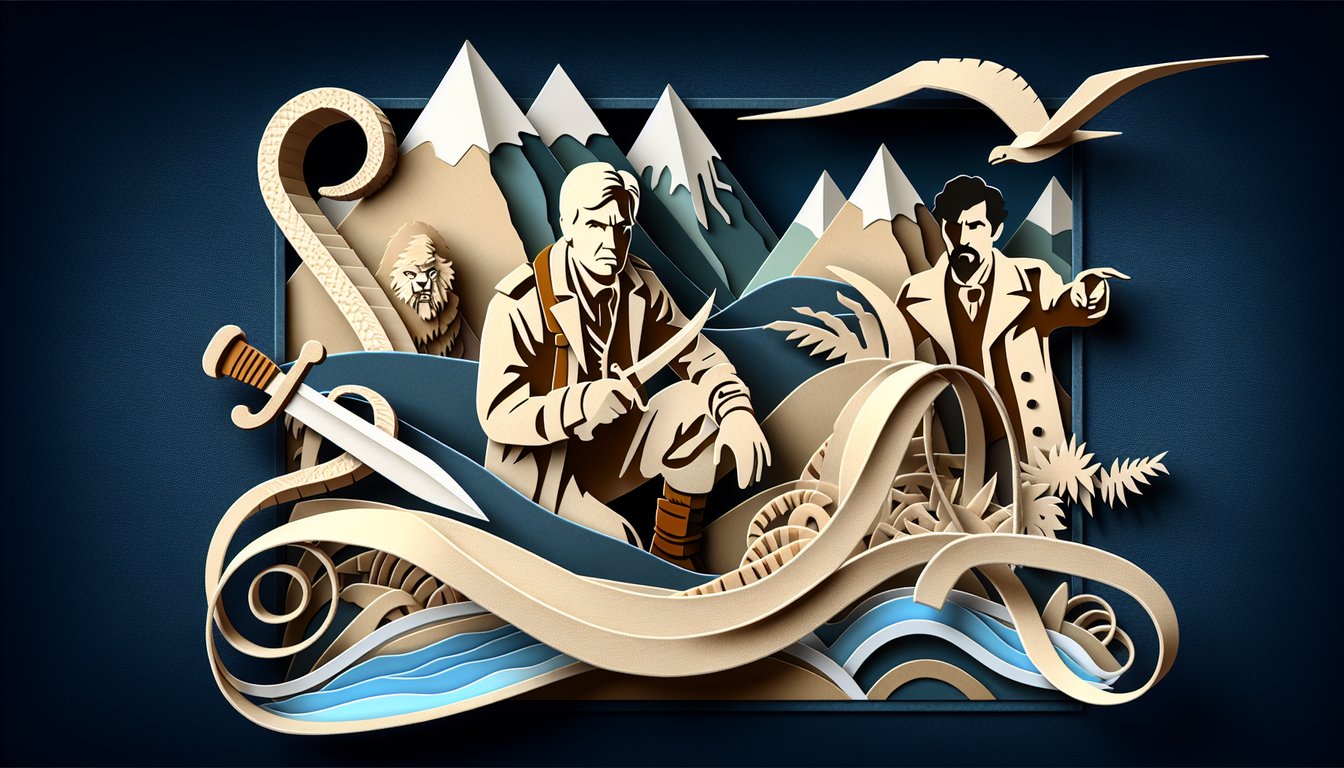 Paper art illustration showing hunter silhouette and yacht for the most dangerous game quiz on dark blue background