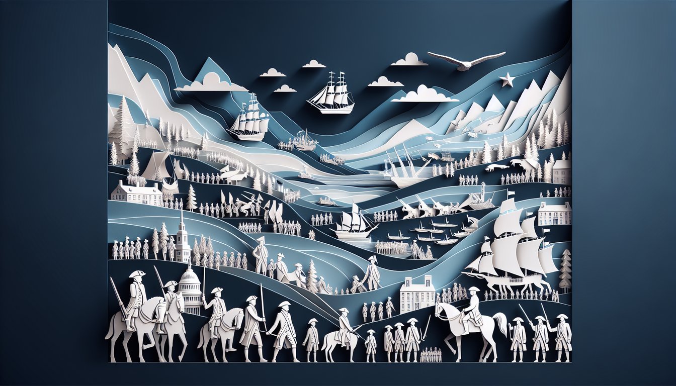 Paper art illustration for American Revolution quiz on dark blue background