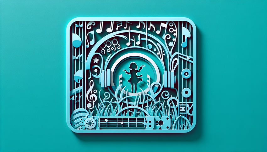 Paper art illustration for anime music quiz featuring stylized headphones vinyl record musical notes on teal background