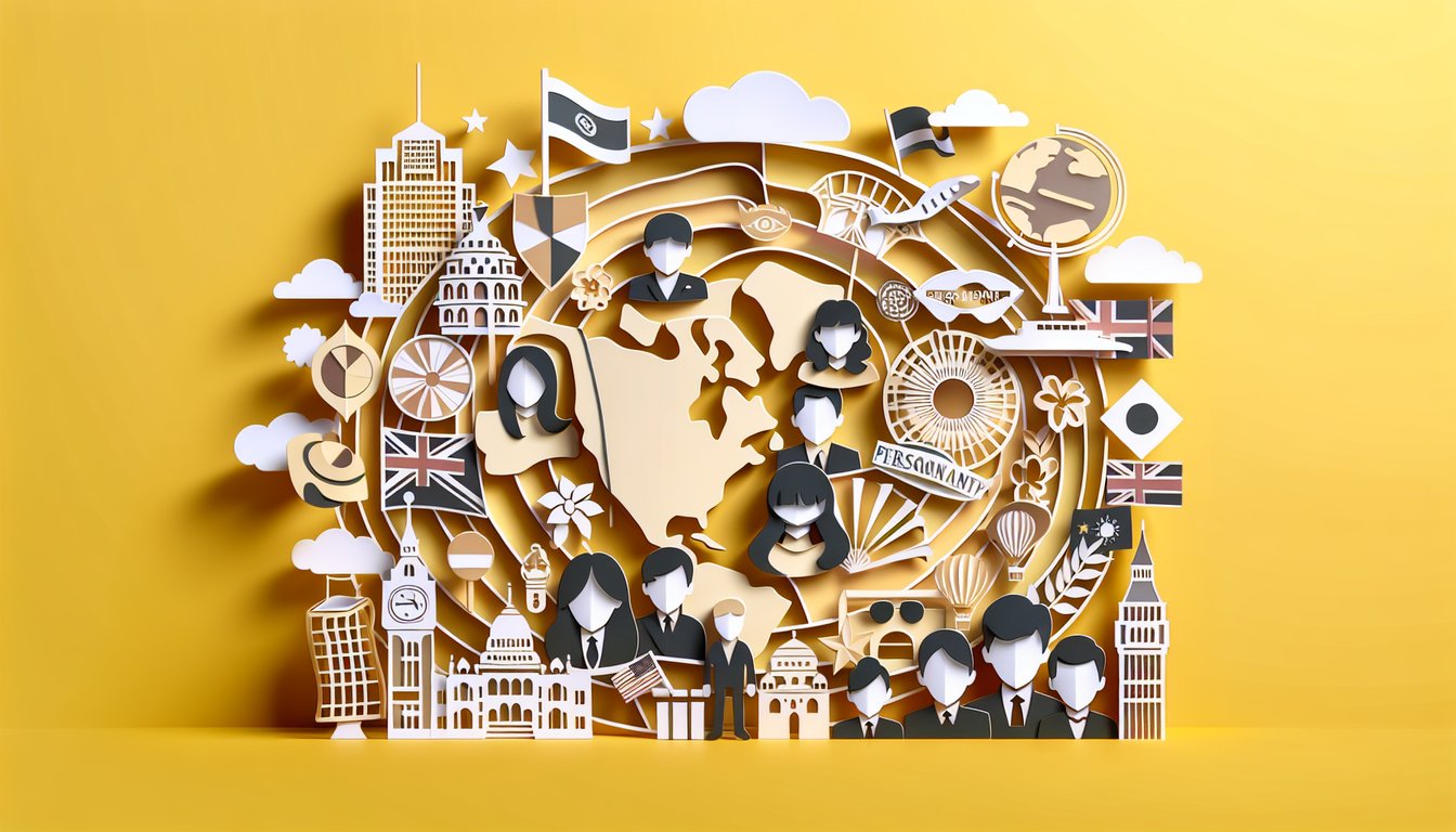 Paper art map icons on golden yellow background promoting a quiz to reveal your future husbands nationality