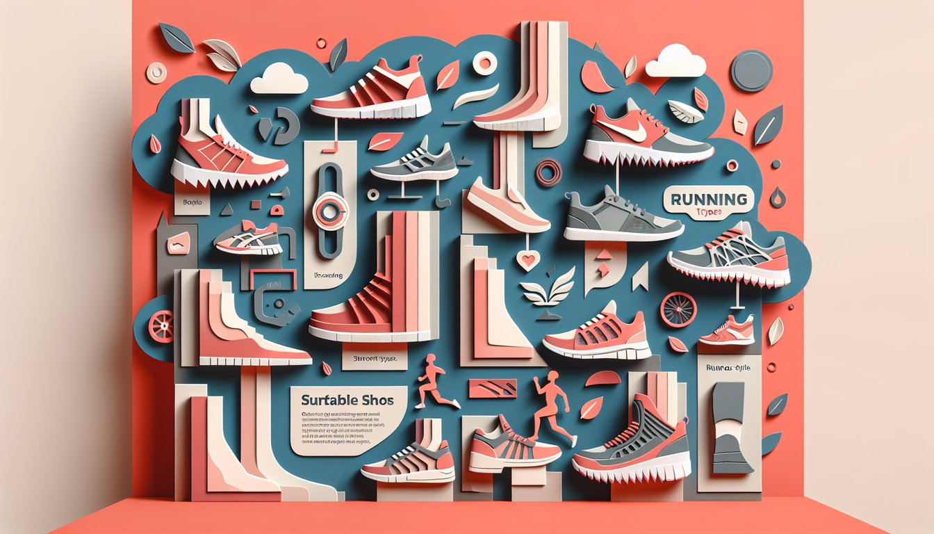 Paper cut illustration of running shoes foot chart and quiz icons on coral background