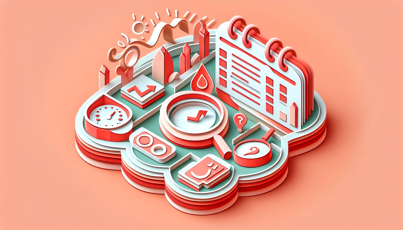 Paper art illustration for a menstruation cycle quiz on a coral background