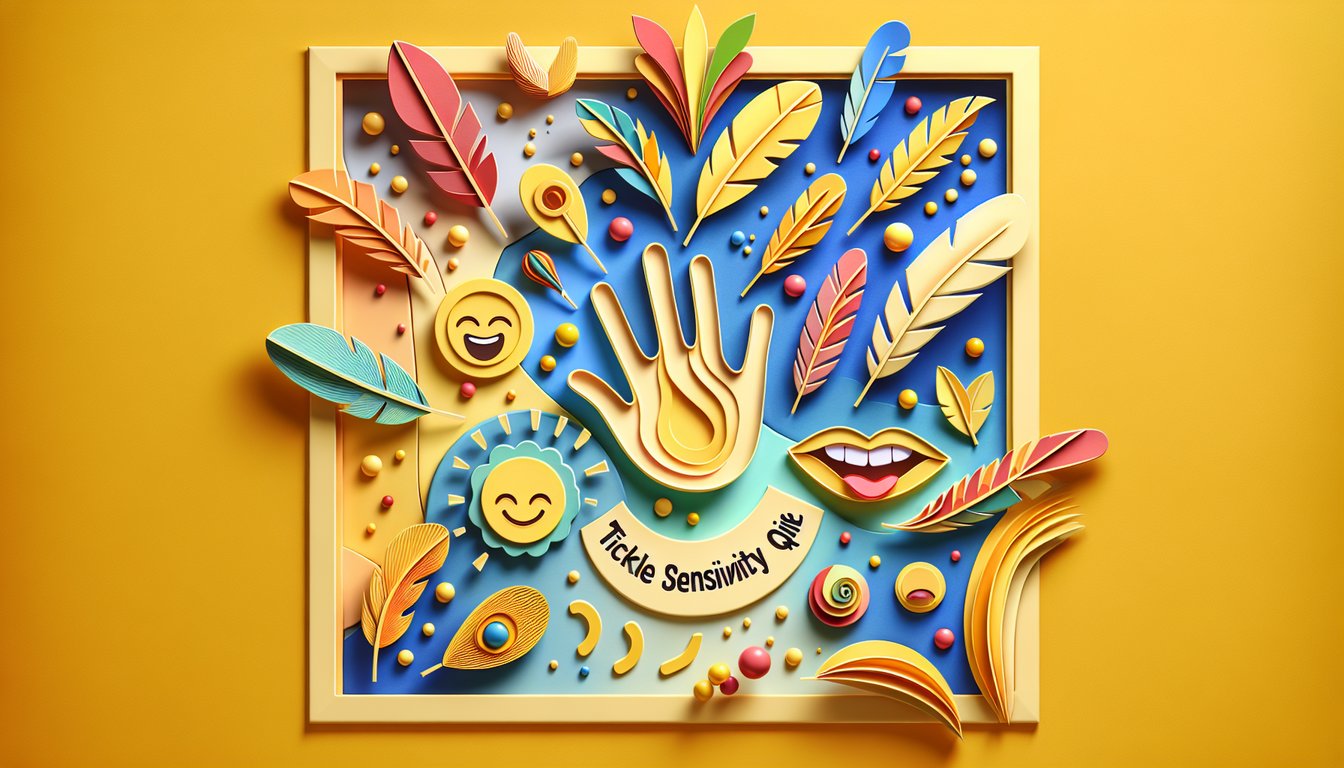 Paper art style smiling hands and colorful feathers on golden yellow background, promoting a free tickle quiz challenge