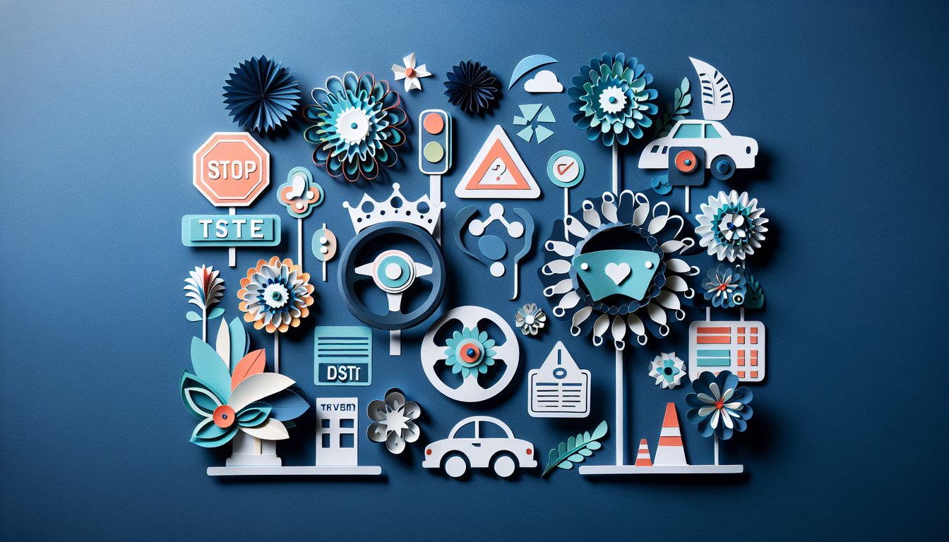 Colorful paper art depicting a quiz on Drivers Permit Practice Test