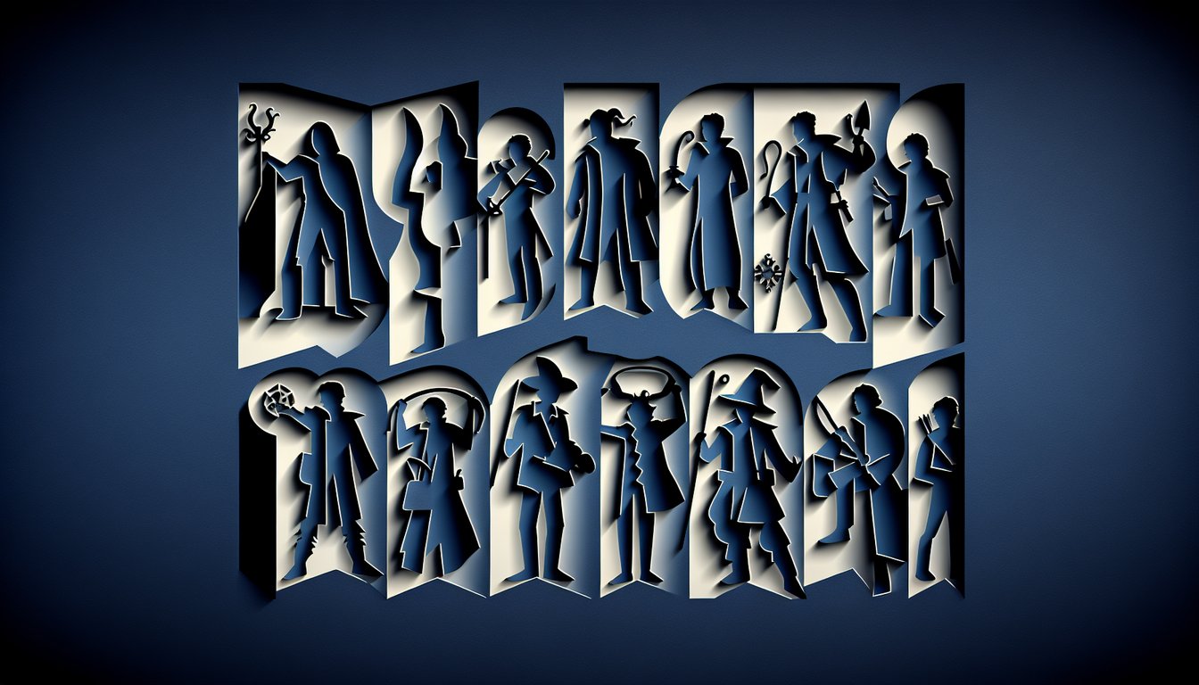 Paper art illustration with stylized fantasy characters, gears and crystals framing quiz banner on dark blue background
