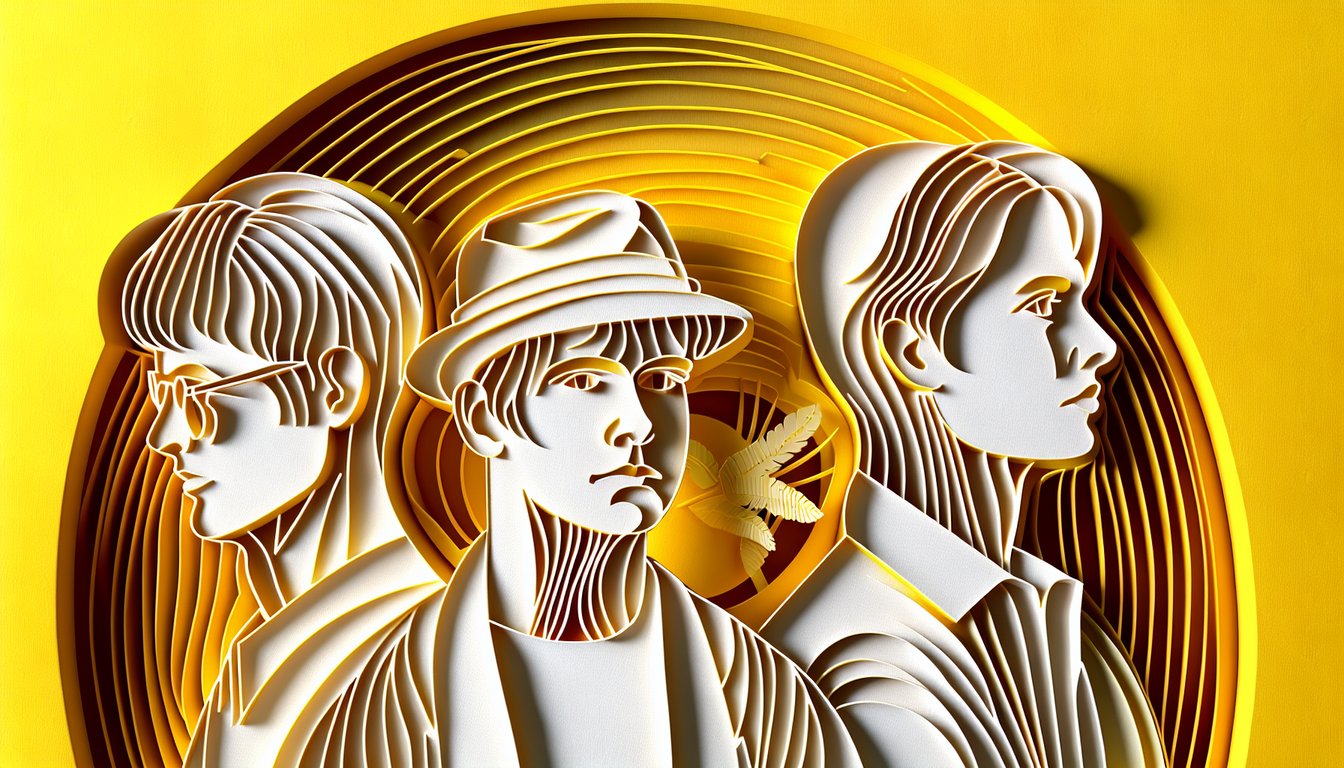 Paper art style scene with Holden Phoebe Ackley silhouettes for Catcher in the Rye quiz on golden yellow background.