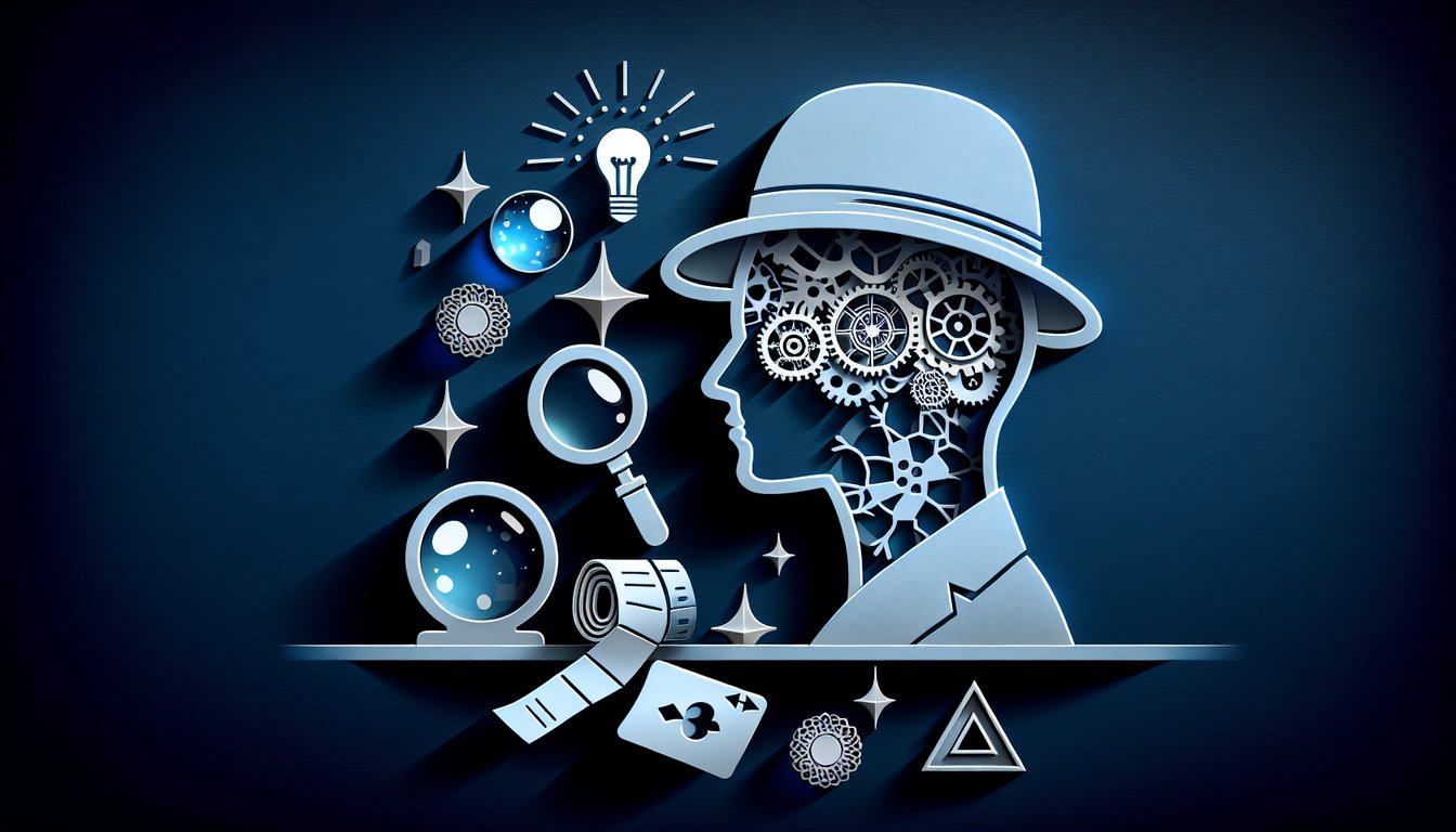 Paper art illustration of detective tools and quiz elements for a Disco Elysium skill challenge on a dark blue background