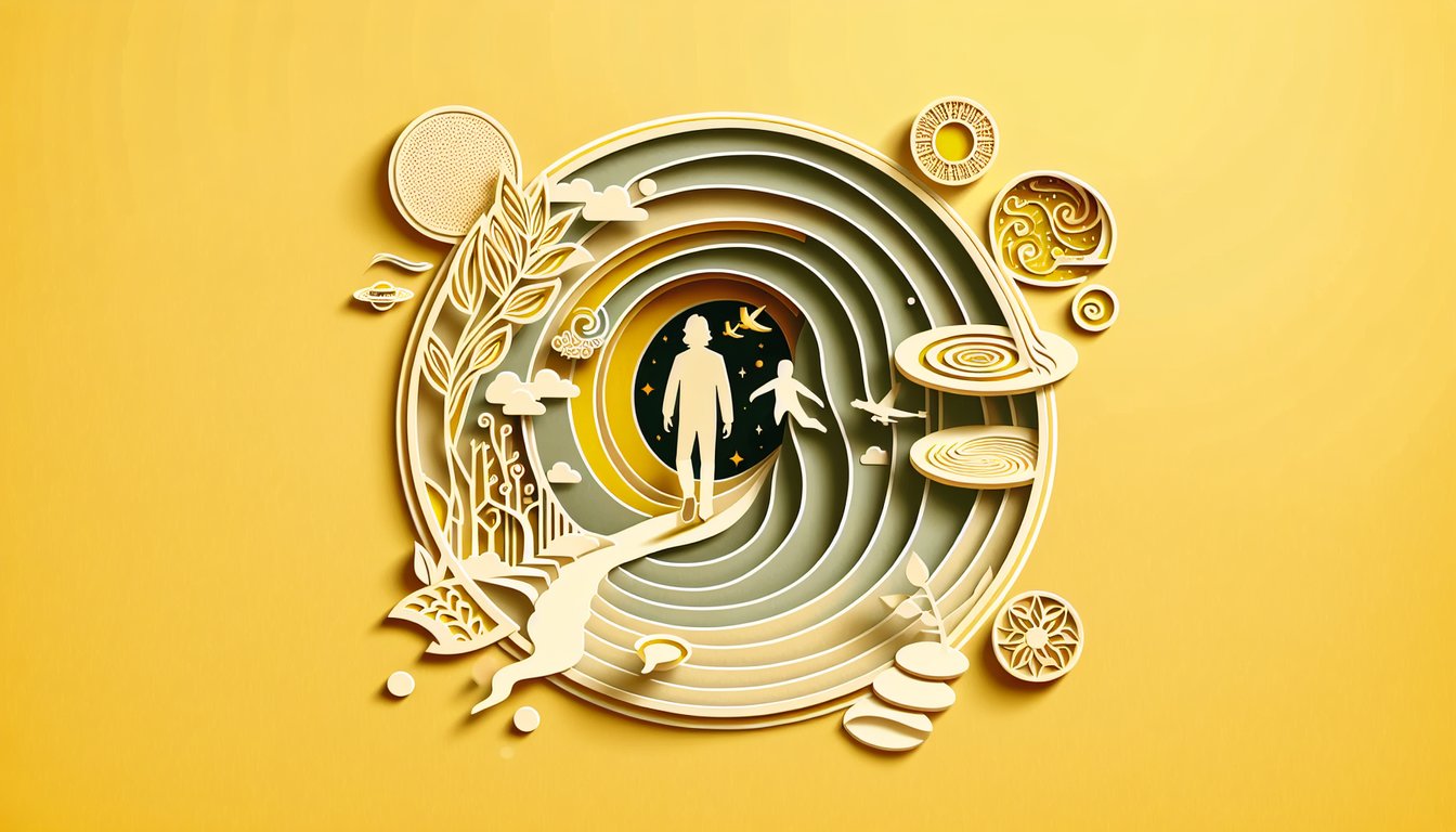 Paper art illustration for reincarnation quiz on a golden yellow background