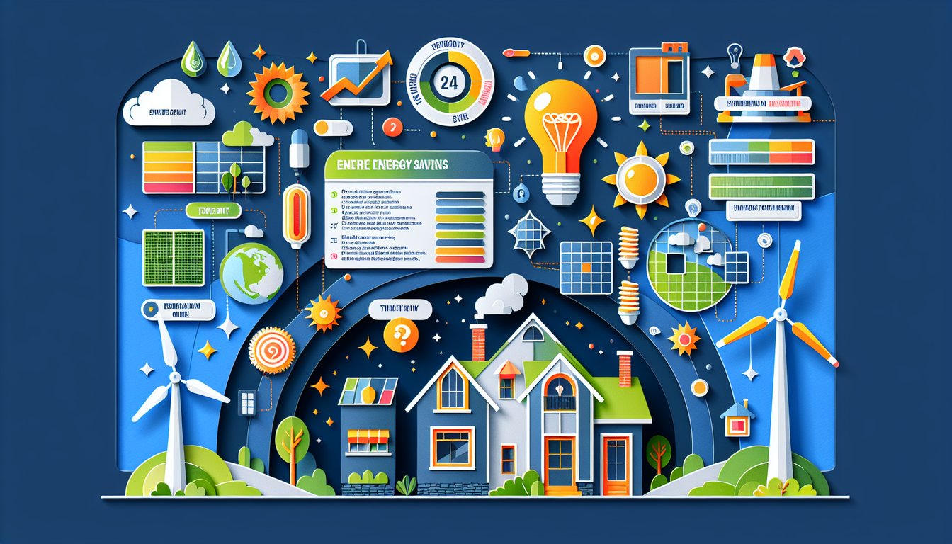 Colorful paper art displaying questions for Home Energy Savings Quiz