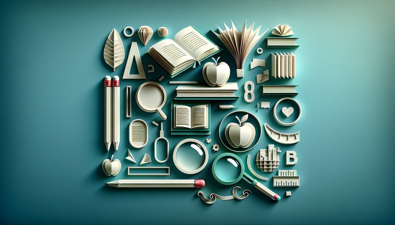 Paper art illustration of eighth-grade English quiz checking for understanding questions on teal background