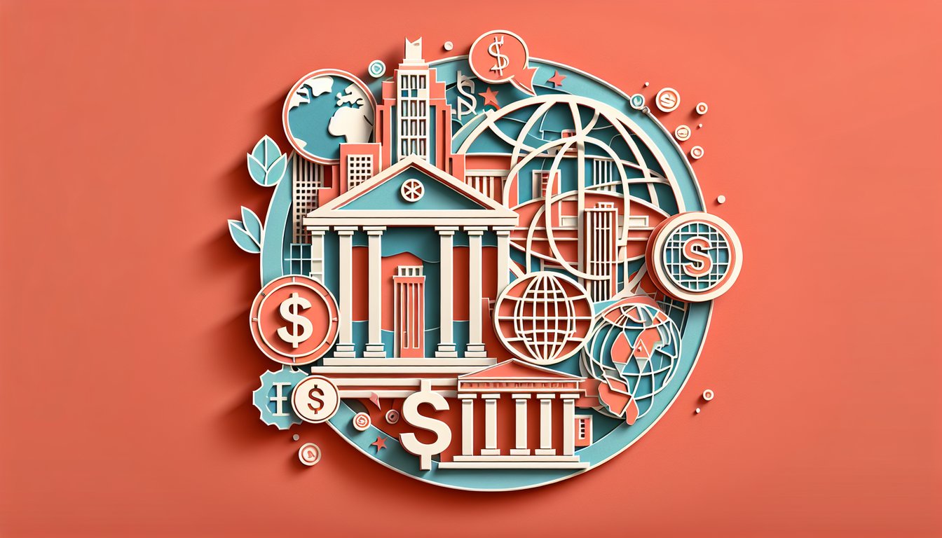 Paper art illustration for a government economics quiz on a coral background
