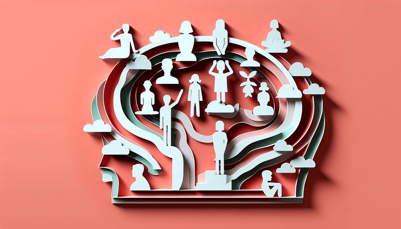 Paper art silhouettes of diverse faces arranged like puzzle pieces on coral background for people reading skills quiz