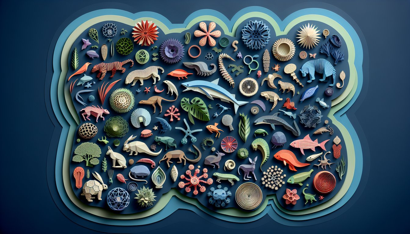 Paper art style plants animals fungi and microbes arranged by classification on dark blue background with quiz title banner