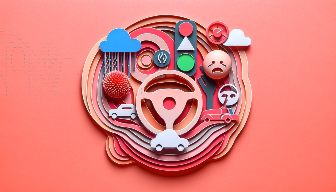 Paper art illustration for driving anxiety quiz on a coral background