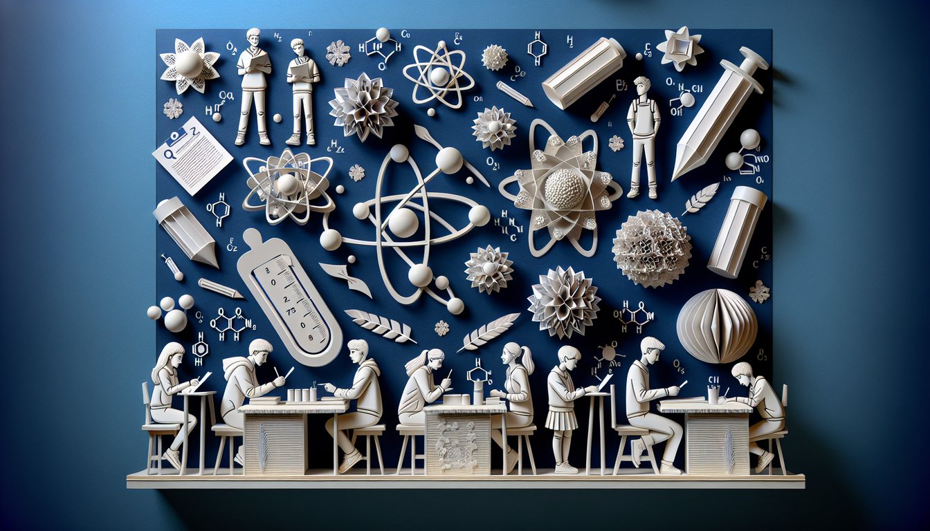 Colorful paper art promoting an interactive atomic mass mastery quiz for high school chemistry students.