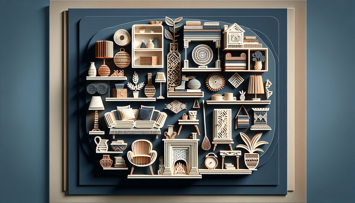 Paper art home decor and furniture shapes on dark blue background for free interior design style quiz