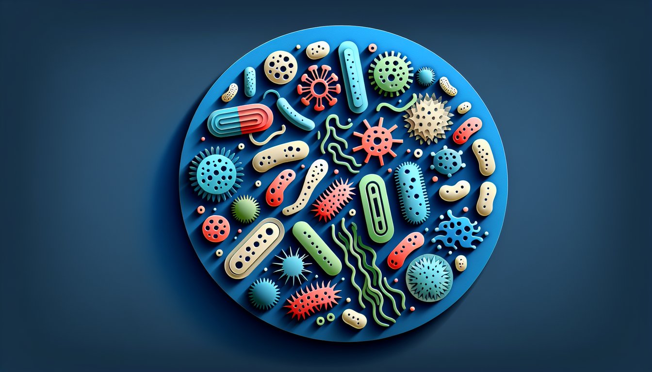 Paper art of bacteria yeast and food on dark blue background for free microbiology quiz on microbial growth and food safety