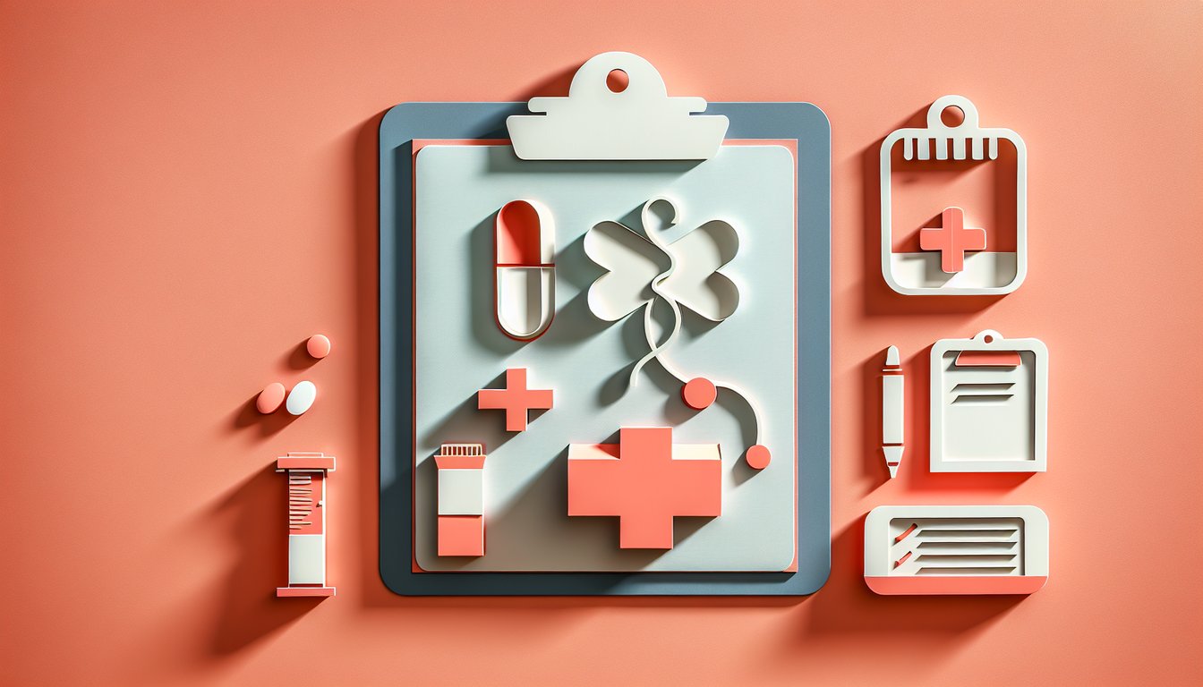 Paper art medical desk with clipboard pills dietary tray charts for health unit coordinator quiz on coral background