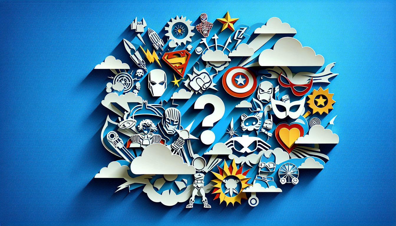 Paper art illustration for a comic book trivia quiz on a sky blue background