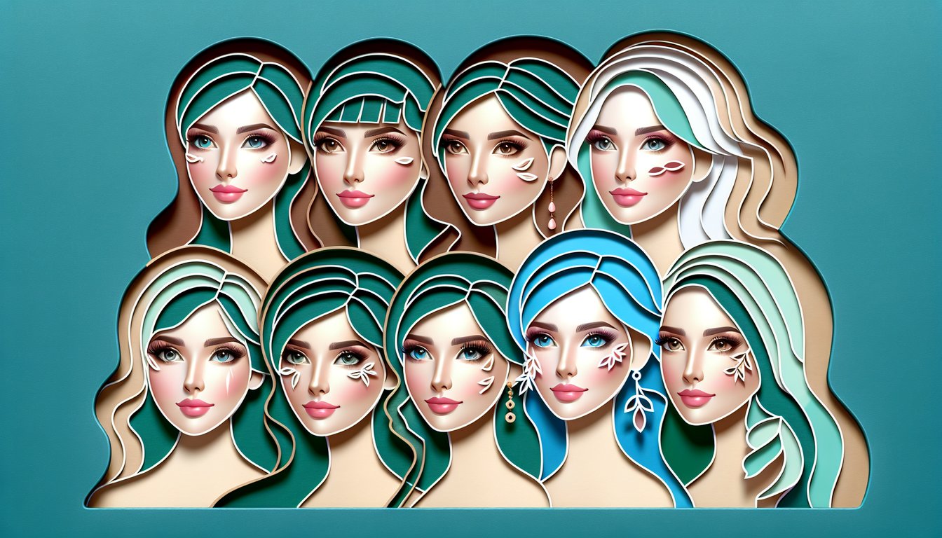 Paper art illustration of makeup brushes lipstick compact age circles and question mark on teal background