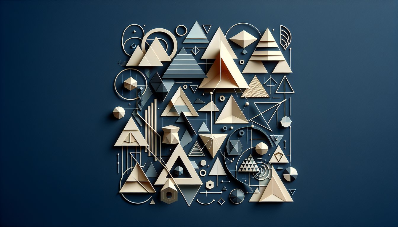 Paper art illustration for free Chapter 3 geometry quiz featuring triangles, polygons, angles on dark blue background