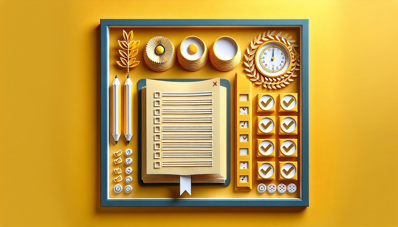 Paper art scene with book pages, question marks, quiz cards and title Good Work Amelia Bedelia on golden yellow background