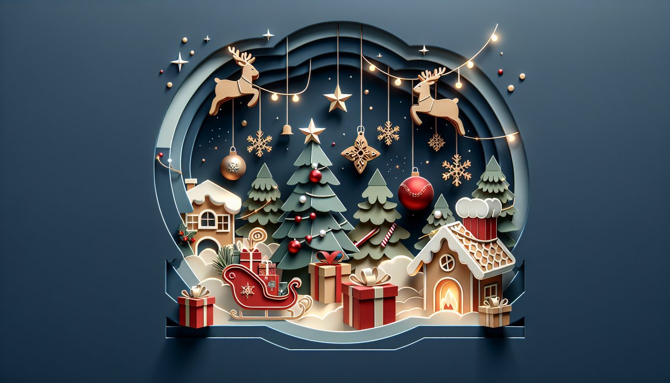 Paper art illustration for a Christmas movie personality quiz on a dark blue background.