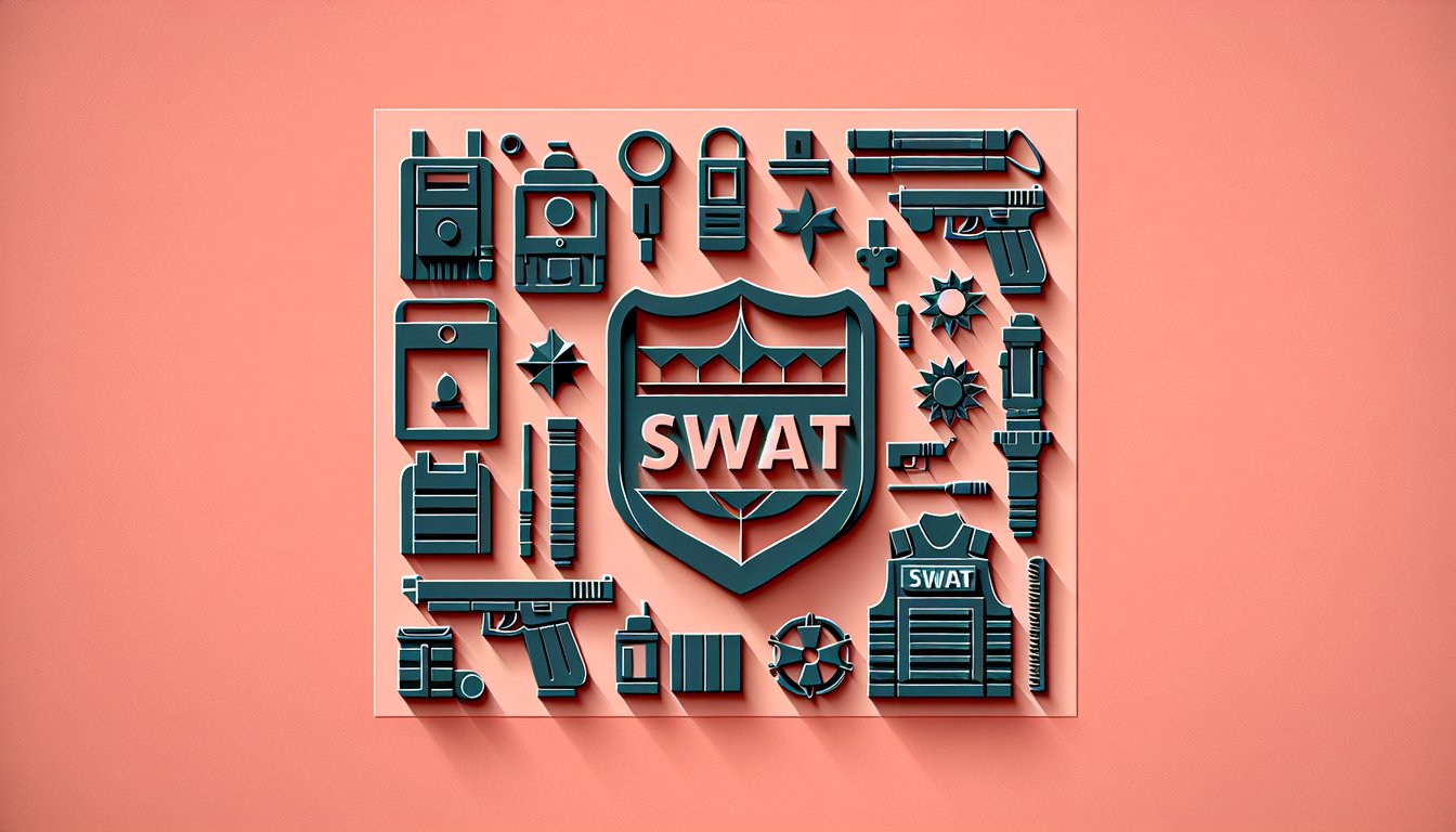 paper art illustration depicting SWAT tactical helmet shield and bullet icons on coral background for SWAT tactics quiz