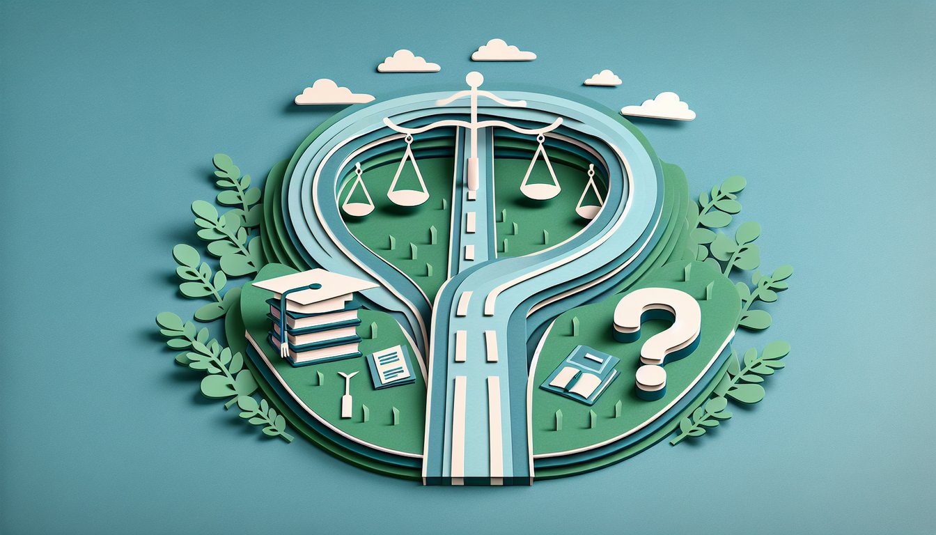 paper art style student holding scales labeled stay in grad school and drop out on teal background.