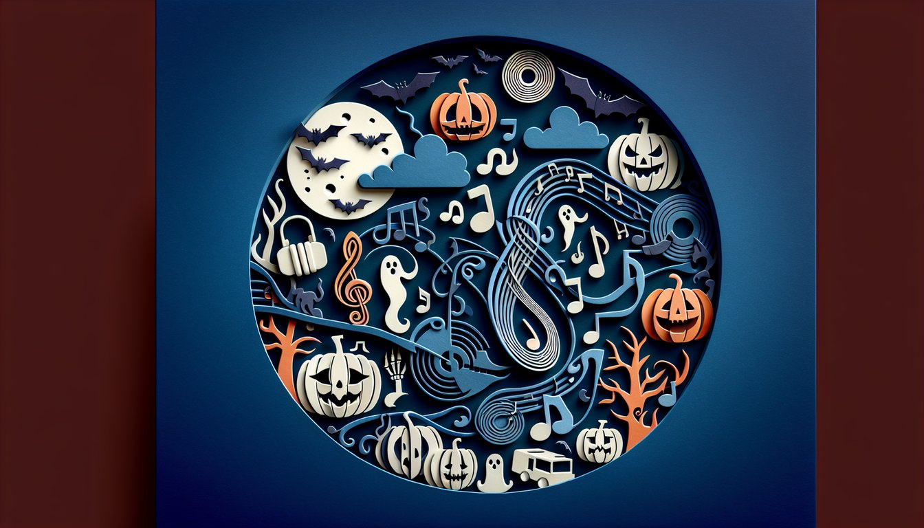 Paper cut ghost skeleton pumpkin music notes vinyl records create spooky trivia quiz header on dark blue background