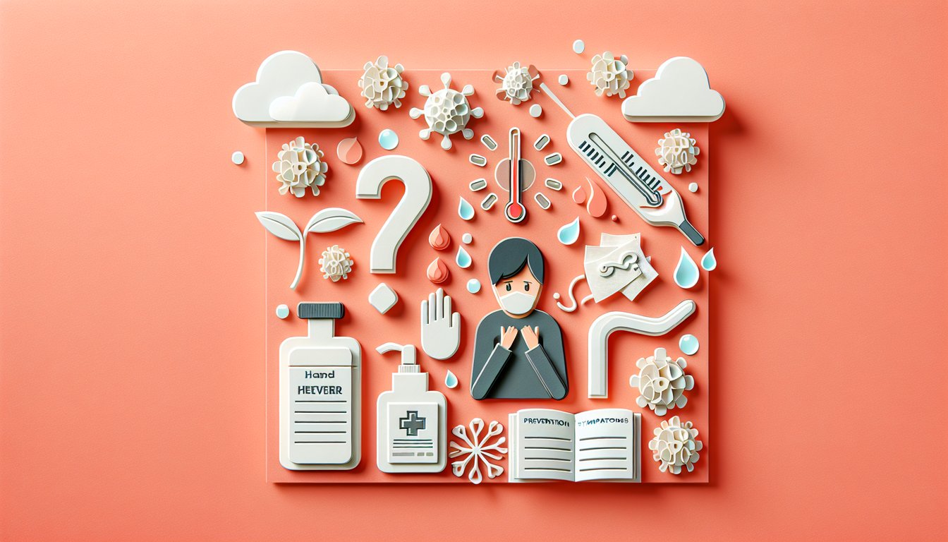 Paper art quiz graphic common cold flu with paper thermometer tissue virus icon prevention symbols on coral background