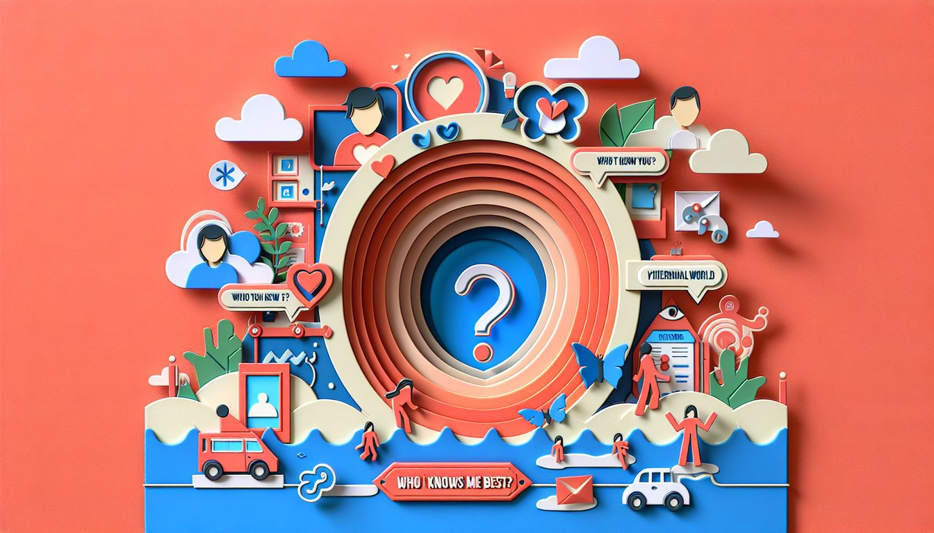 Paper art friends holding question cards and hearts on coral background for friendship quiz challenge