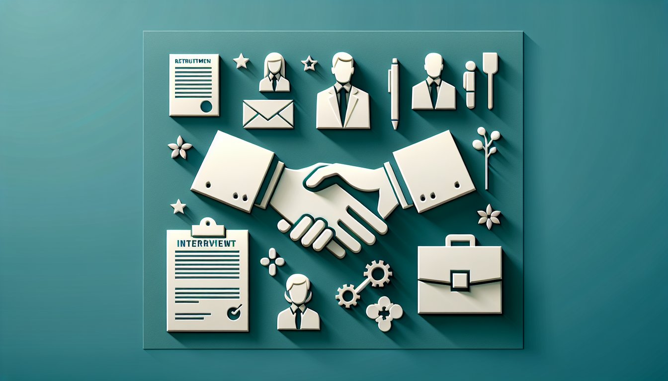 Paper art quiz illustration on teal background showcasing recruitment test with hiring strategies and interview skills