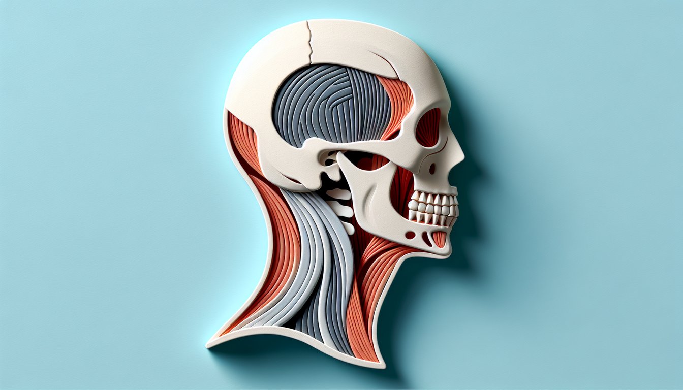 Paper art skull and neck anatomy quiz graphic with layered muscles and skull features on sky blue background
