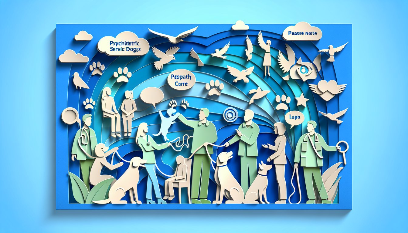 Paper art dog with harness checklist question marks on sky blue background for psychiatric service dog eligibility quiz