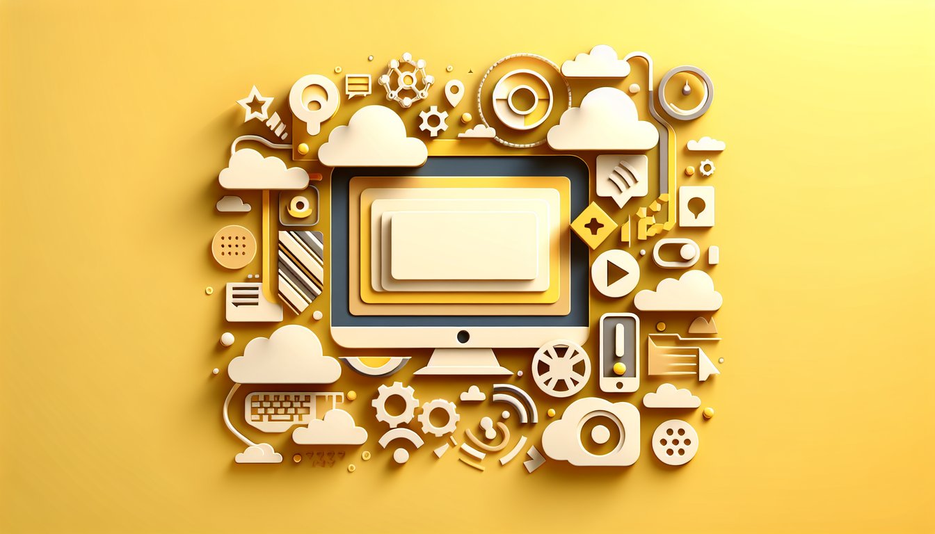 Paper cutout design with laptop tablet question marks pencils confetti on yellow background for fun online quizzes