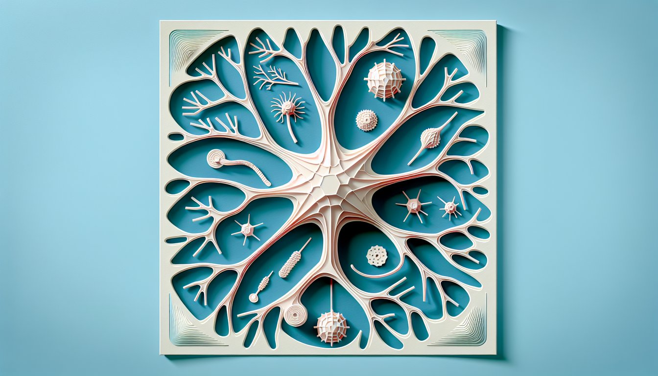 Paper art illustration for neuron anatomy quiz on sky blue background