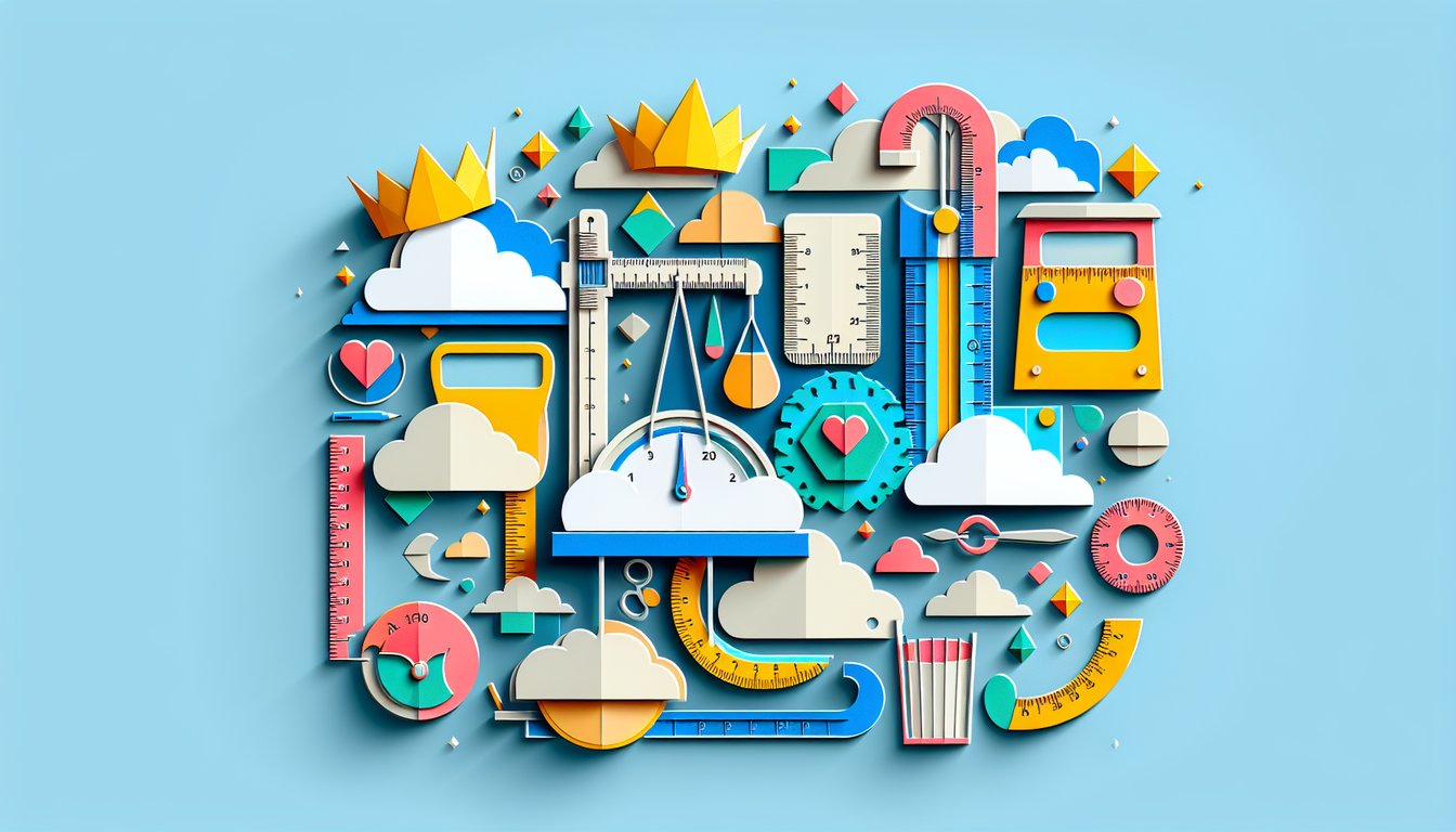 Paper art showing metric prefix symbols measurement tools King Henry letters on sky blue background