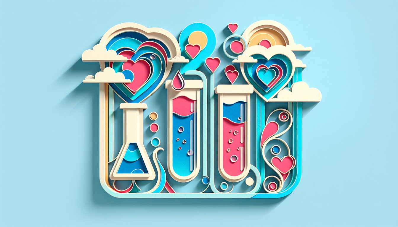 Paper art illustration of two overlapping hearts on sky blue background for partner chemistry quiz.