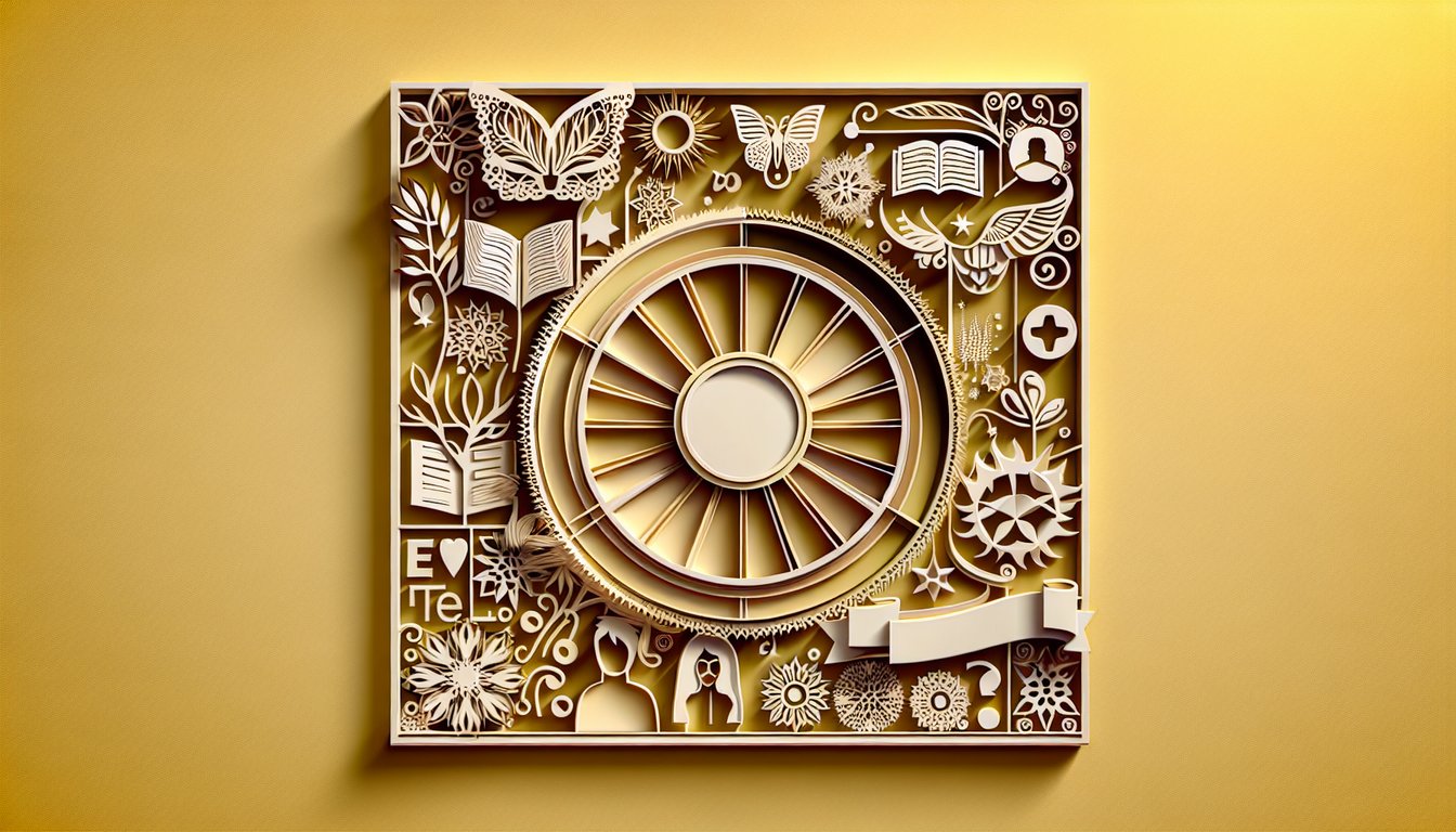 Paper art illustration of two stylized figures on golden yellow background for Larry fanfic quiz with cutout graphic accents