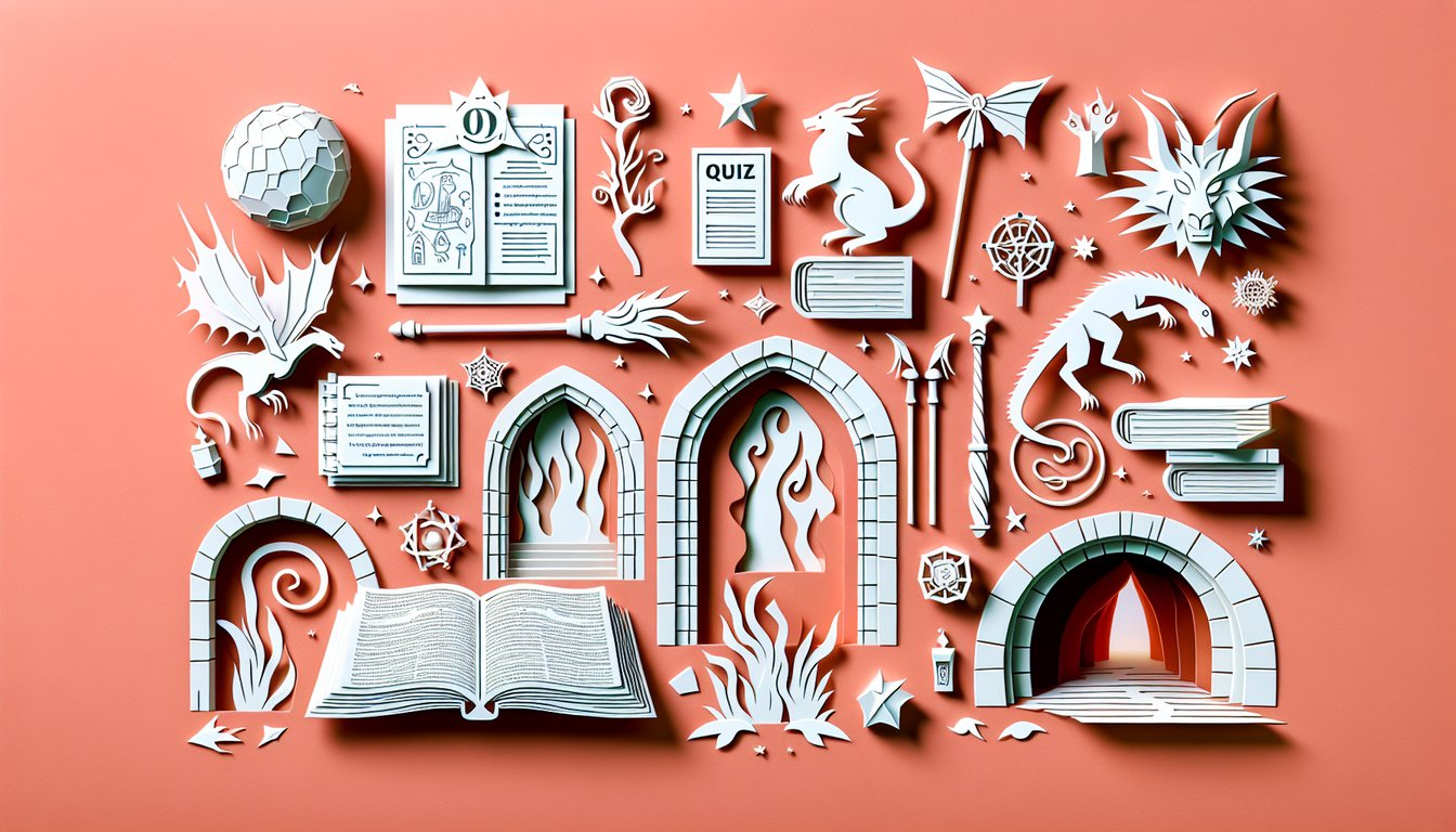 Paper art wizard hat wand spellbook and magical creatures over coral background for Hogwarts Legacy trivia quiz