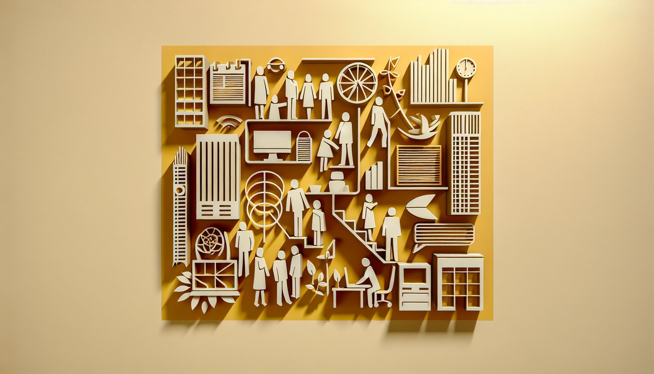 Paper art illustration for The Office trivia quiz on a golden yellow background.