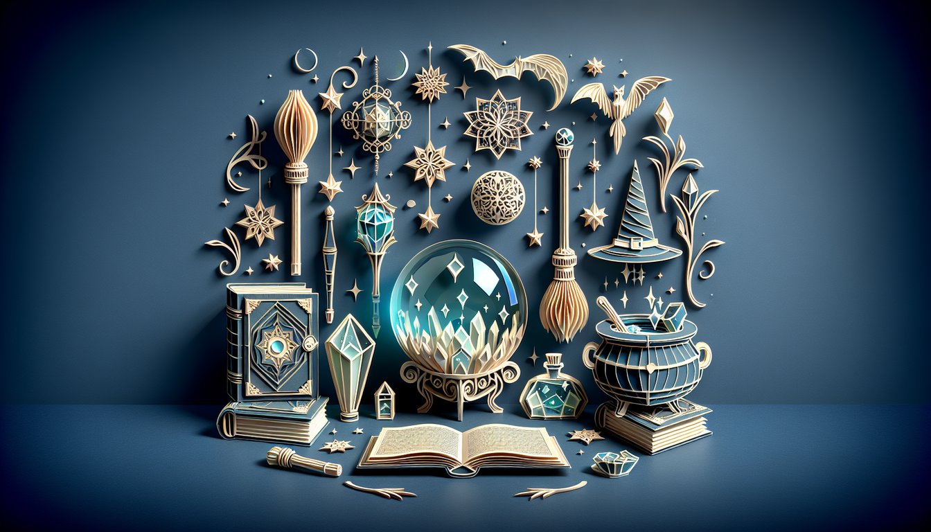 Paper art illustration for a witch family quiz on dark blue background with stars, moon and whimsical magical accents