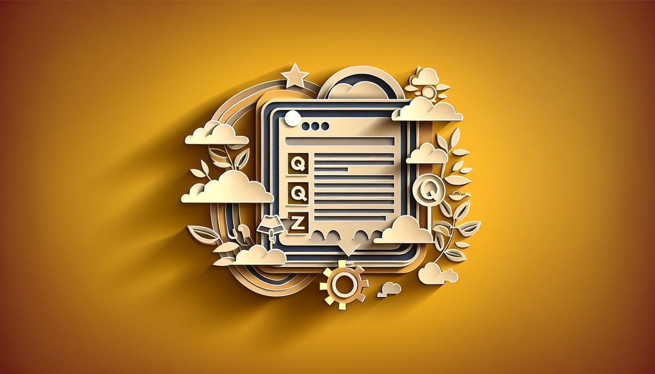 Paper art illustration featuring playful quiz icons and online elements on a golden yellow background.
