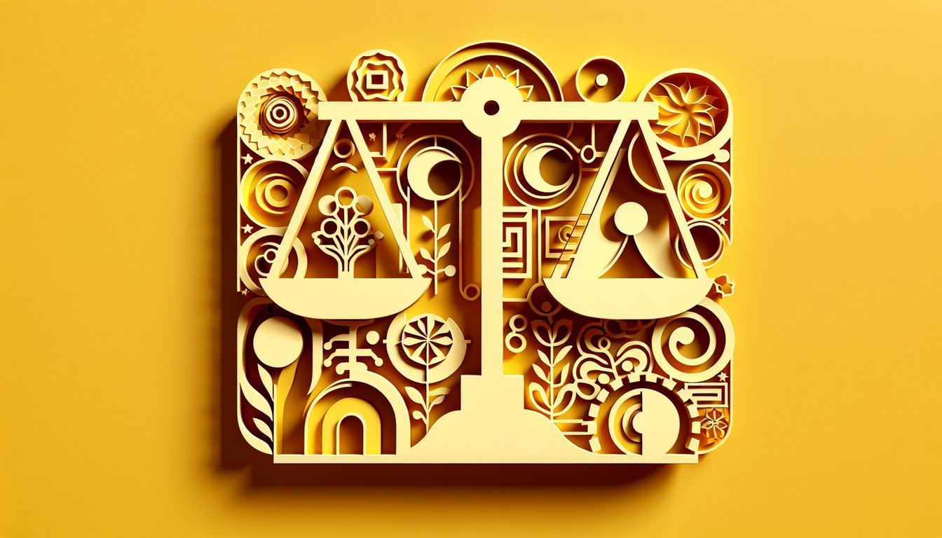 Paper art illustration of scales showing authoritarian vs libertarian leanings on golden yellow background.